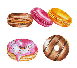 realistic illustration of colorful macaroons: pink, orange, brown and two donuts. watercolor. hand d