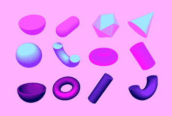Aufkleber - Set of 3D shapes: sphere, hemisphere, torus, cone, cylinder and icosahedron. Vaporwave and retrowave pixel art style illustration in punchy pastel colors.
