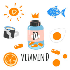 Vitamin D. Jar with pills, sun, fish, milk, orange, egg. Flat cartoon vector illustration