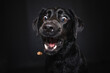 canvas print picture - Labrador Retriever im Fotostudio. Hund versucht essen zu fangen. Schwarzer Hund schnappt nach Treats und macht  witziges Gesicht