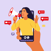 Hands Holding Smartphone With A Girl Shouting In Loud Speaker. Influencer Marketing, Social Media Or Network Promotion. Blogger Promotion Services And Goods For Her Followers Online. Vector.