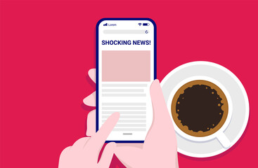 Fototapete - Reading shocking news on phone while drinking coffee - Hands with smartphone scrolling a news site. Vector illustration.