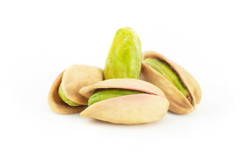 Wall Mural - Peeled roasted pistachios isolated on white background, healthy nut