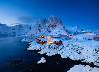 Wall Mural - iconic view in norway after sunset. view on the houses in the hamnoy village, lofoten islands, norwa