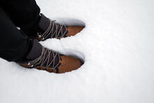 Winter Shoes In The Snow, High-quality And Warm. Copy Space
