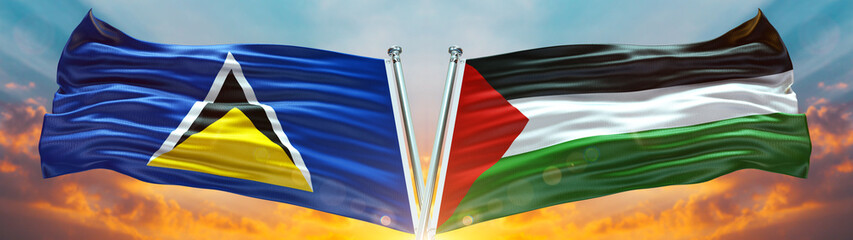 Double Flag palestine فلسطين and Saint Lucia flag waving flag with texture sky Cloud and sunset