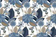 Vector Floral Seamless Pattern. Flower Background. Seamless Pattern With Blue Cornflowers, Dahlias, Thistles Flowers, Blue, Brown Leaves. Floral Elements Isolated On White Background.