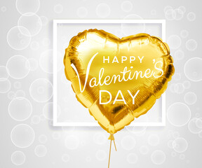 Wall Mural - Happy Valentines Day. Heart shaped gold foil helium balloon with text, frame and circles. Realistic inflated golden balloon. Holiday gift. Festive decor. Entertainment industry