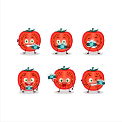 Wall Mural - Photographer profession emoticon with slice of tomato cartoon character