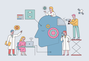 Poster - Scientists are working on giant human-headed robots in an artificial intelligence lab. flat design style minimal vector illustration.