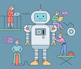 Poster - A cute giant robot is standing and scientists are doing research around it. flat design style minimal vector illustration.