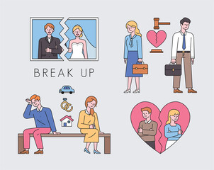 Wall Mural - collection of divorced couples. wedding photos are torn, divorce lawsuits, property splits, and love
