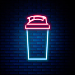 Poster - glowing neon line fitness shaker icon isolated on brick wall background. sports shaker bottle with l