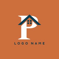 white blue P initial letter with house sign for real estate logo template