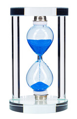 Blue hourglass isolated on white background close up