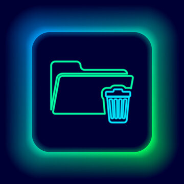 Glowing neon line Delete folder icon isolated on black background. Folder with recycle bin. Delete or error folder. Close computer information folder. Colorful outline concept. Vector.