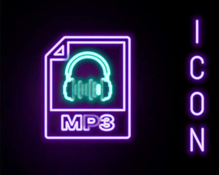 Glowing neon line MP3 file document. Download mp3 button icon isolated on black background. Mp3 music format sign. MP3 file symbol. Colorful outline concept. Vector.