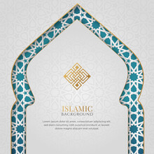 White And Blue Luxury Islamic Background With Decorative Arch Frame And Pattern