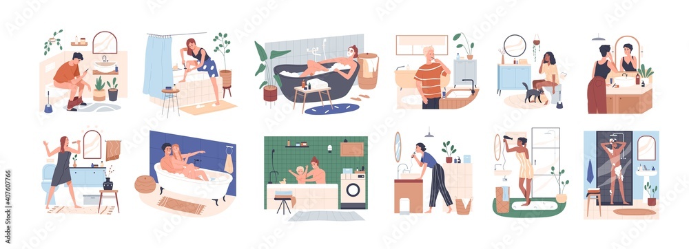 Scenes of daily hygiene routine in bathroom. People bathing, shaving, brushing teeth and sitting on toilet seat. Personal morning care. Colored flat vector illustration isolated on white background - obrazy, fototapety, plakaty 