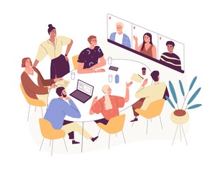 Aufkleber - Online conference with foreign business partners. People in office and remote workers on virtual meeting by video call. Colored flat vector illustration isolated on white background