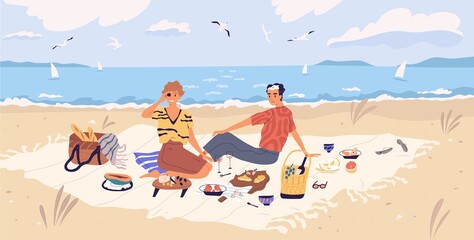 Happy couple drinking wine and eating at seaside. Young man and woman spending time together at picnic on sandy beach. People resting and enjoying outdoor date. Flat vector illustration