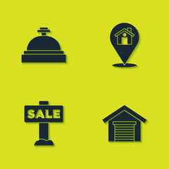 Sticker - Set Hotel service bell, Garage, Hanging sign with Sale and Location house icon. Vector.