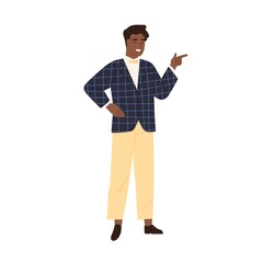 Poster - Confident winking seducer isolated on white background. Cool charming African American man flirting, smiling and gesturing with index finger. Colorful flat vector illustration