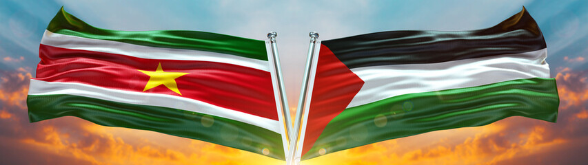 Double Flag palestine فلسطين and Suriname flag waving flag with texture sky Cloud and sunset