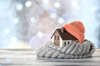 © Pixel-Shot - Figure of house and warm clothes on table against blurred lights. Concept of heating season