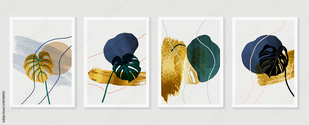 Gold tropical wall arts vector. Botanical  line art drawing with watercolor brush.  Plant Art design for wall framed prints, canvas prints, poster, home decor, cover, wallpaper. - obrazy, fototapety, plakaty 