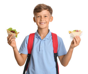 Poster - Schoolboy with sandwich on white background