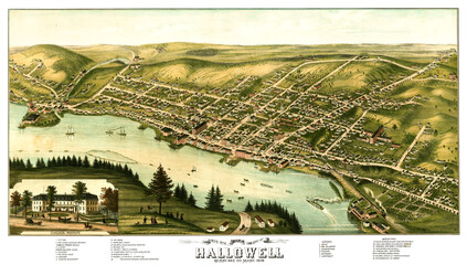 Old bird's eye view of Hallowell city, Maine, and Kennebec river. Highly detailed vintage style color illustration by Madison and Storer, U.S., 1878