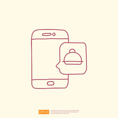 Poster - food delivery service on smartphone screen icon. food shopping from home concept with line doodle style vector illustration