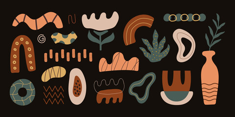Poster - Vector set of abstract geometric shapes and objects on a dark background. Trendy organic and minimalistic design for banner, cover, wallpaper, stories background. Horizontal background.	
