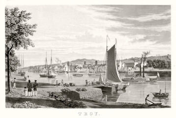 Troy, on the Hudson river crowded of boats of all sizes, State of New York. Highly detailed vintage style gray tone illustration by unidentified author, U.S., 1872