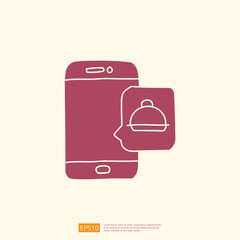 Poster - food delivery service on smartphone screen icon. food shopping from home concept with silhouette doodle style vector illustration