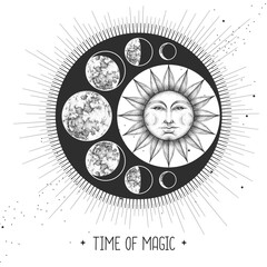 Wall Mural - Modern magic witchcraft card with astrology sun and moon sign with human face. Day and nignt.