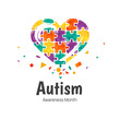 © Yulia Ogneva - Banner for Autism Awareness Month. Illustration with heart isolated on white background. Puzzle composition.