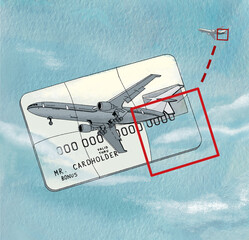 Bonus miles. Bank card with an airplane puzzle. Illustration on watercolor paper texture background