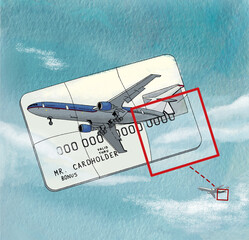 Wall Mural - Bonus miles. Bank card with an airplane puzzle. Illustration on watercolor paper texture background