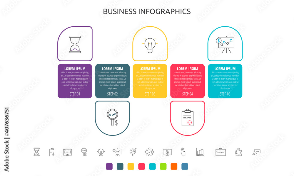 Vector infographics label with five steps, icons. Line chart. Timeline ...