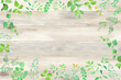 © Keiko Takamatsu - 木目をバックにしたグリーンの草花の囲みフレーム。水彩イラスト。