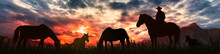Silhouette Of A Horse Breeder Cowboy At Sunset