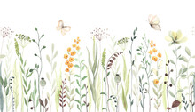 Floral Seamless Horizontal Border With Abstract Yellow Flowers, Green Leaves And Plants, Flying Butterflies. Watercolor Isolated Pattern On White Background, Panoramic Illustration Summer Meadow.