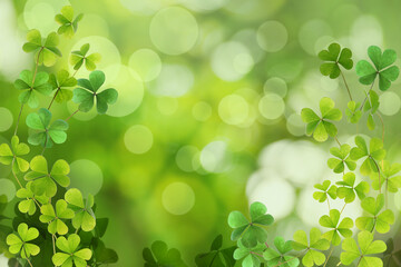 Fresh clover leaves on green background. St. Patrick's Day celebration