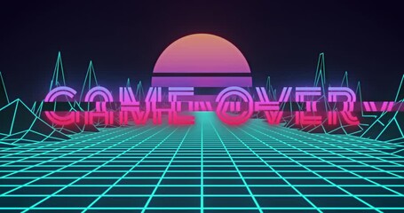 Poster - Animation of neon flickering game over text over glowing pink sun and blue grid