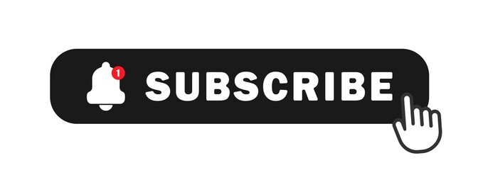 Poster - Subscribe with cursor. Bell button and hand cursor. Subscribeicon. Red button subscribe to channel, blog. Social media background. Marketing. Vector illustration. EPS 10