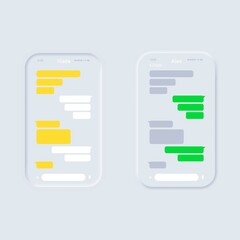 Poster - Chatting concept hand holds a smartphone. Mobile ui kit messenger. Chat app template. Social network concept. Sms bubbles on cellphone screen. Neumorphic UI UX white user interface. Neumorphism.