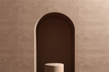 Poster - 3d rendered studio with geometric shapes, podium on the floor. Platforms for product presentation, mock up background. Abstract composition in minimal design, pastel and beige colors
