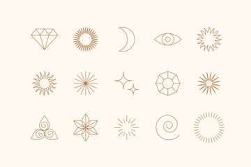 Vector set of linear icons and symbols - stars, moon, sun - abstract design elements for decoration or logo design templates in modern minimalist style